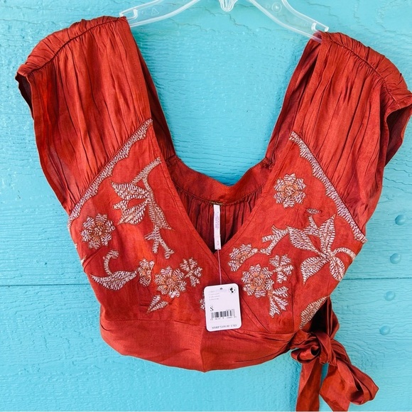 Sahara Embroidered Wrap Rust Brown Crop Top by Free People Size SMALL NWT - Picture 1 of 11